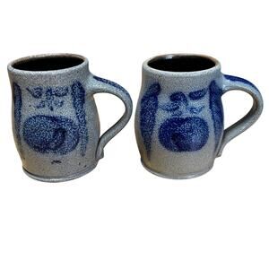 Vintage 1987 Rowe Pottery Works Blue Apple Mugs Set of 2 Cottage Core Farmhouse